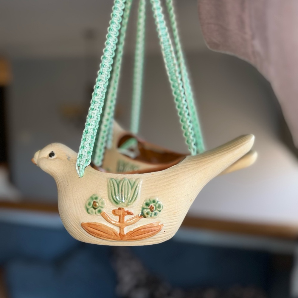 PAIR OF Ceramic Bird Planters with Green Accents